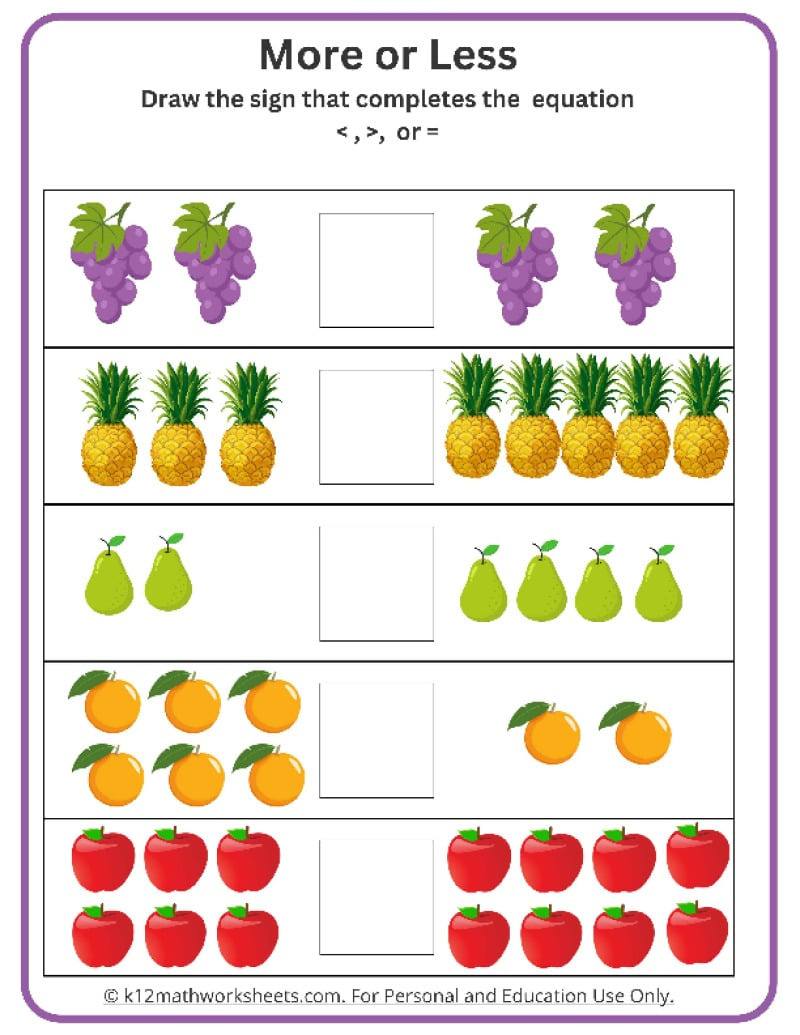Kindergarten Comparing Numbers Worksheets inside Greater Than Less Than Worksheets Free Printable