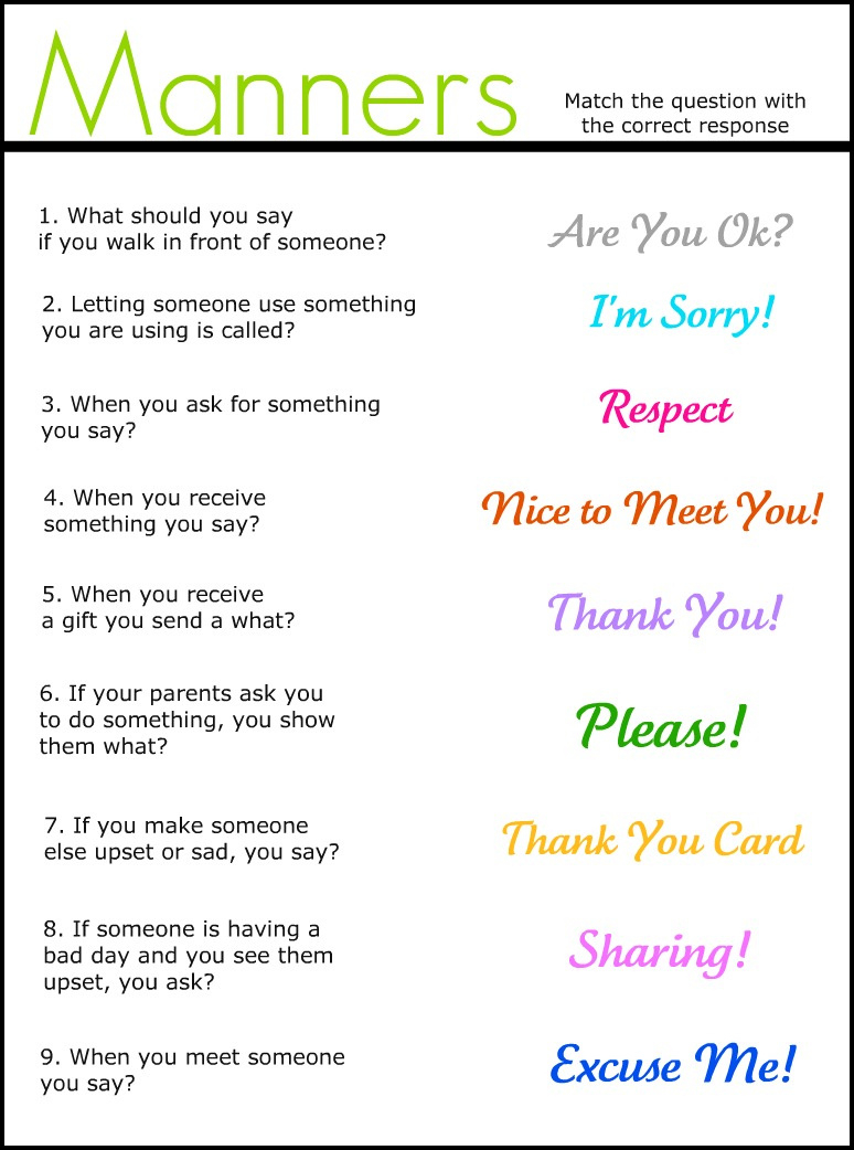 Manners Match It Up Worksheet-Freebie! | Enchantedyankee for Free Printable Good Manners Worksheets