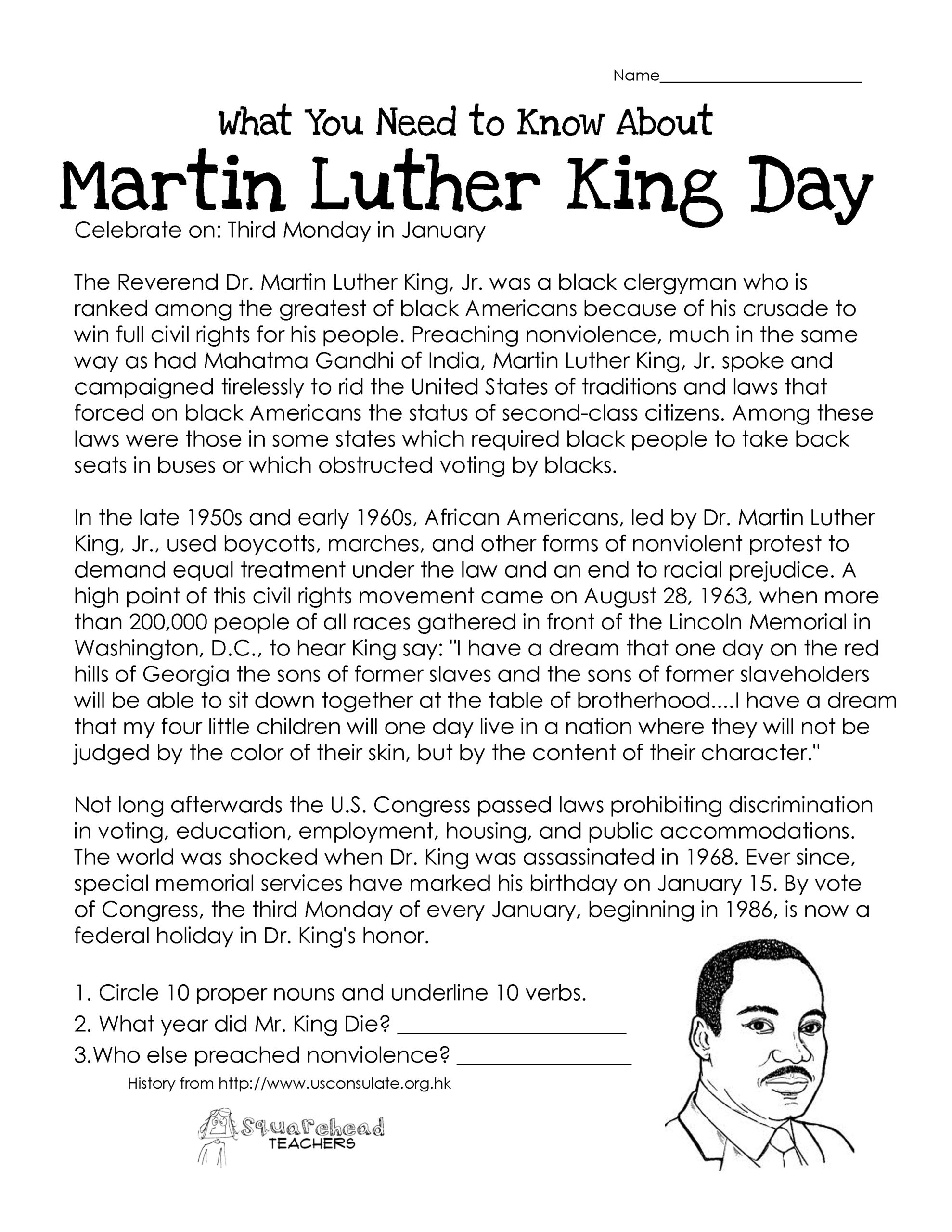 Martin Luther King Day (Free Worksheet) | Squarehead Teachers with Free Printable Martin Luther King Worksheets