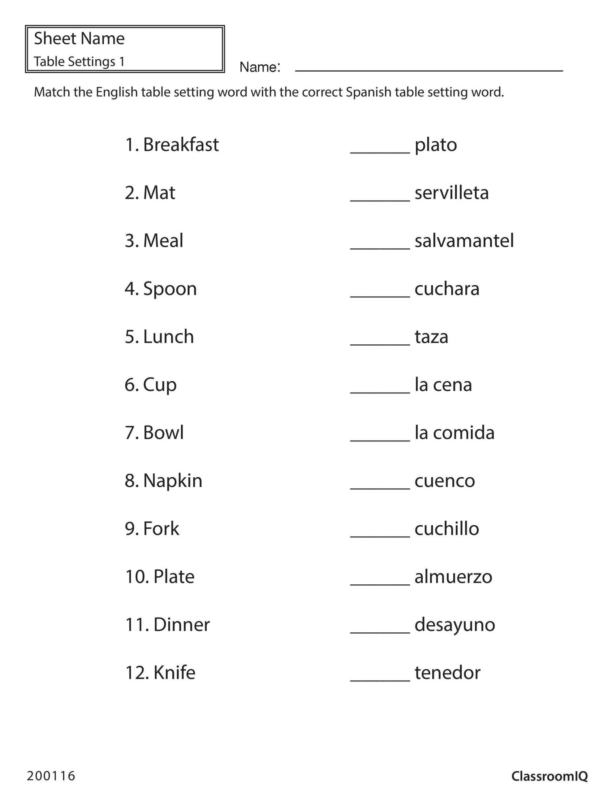 Match From Spanish To English Worksheet - Wordmint - Worksheets for Free Printable Spanish To English Worksheets