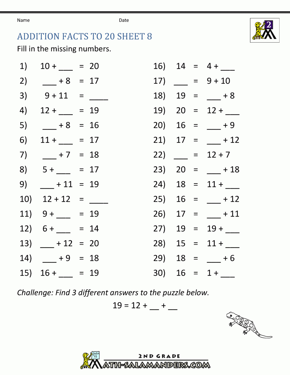 Math Addition Facts To 20 for Addition Facts Worksheets Free Printable