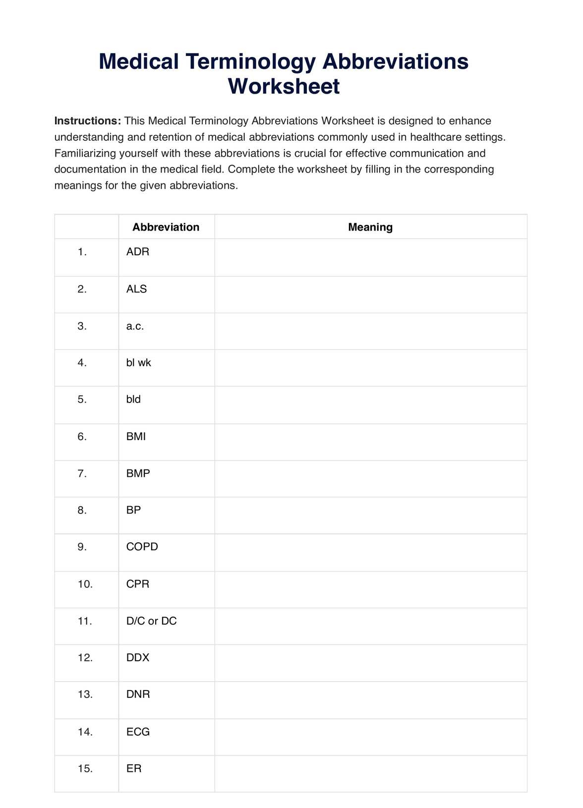 Medical Terminology Abbreviations Worksheet regarding Free Printable Medical Terminology Worksheets