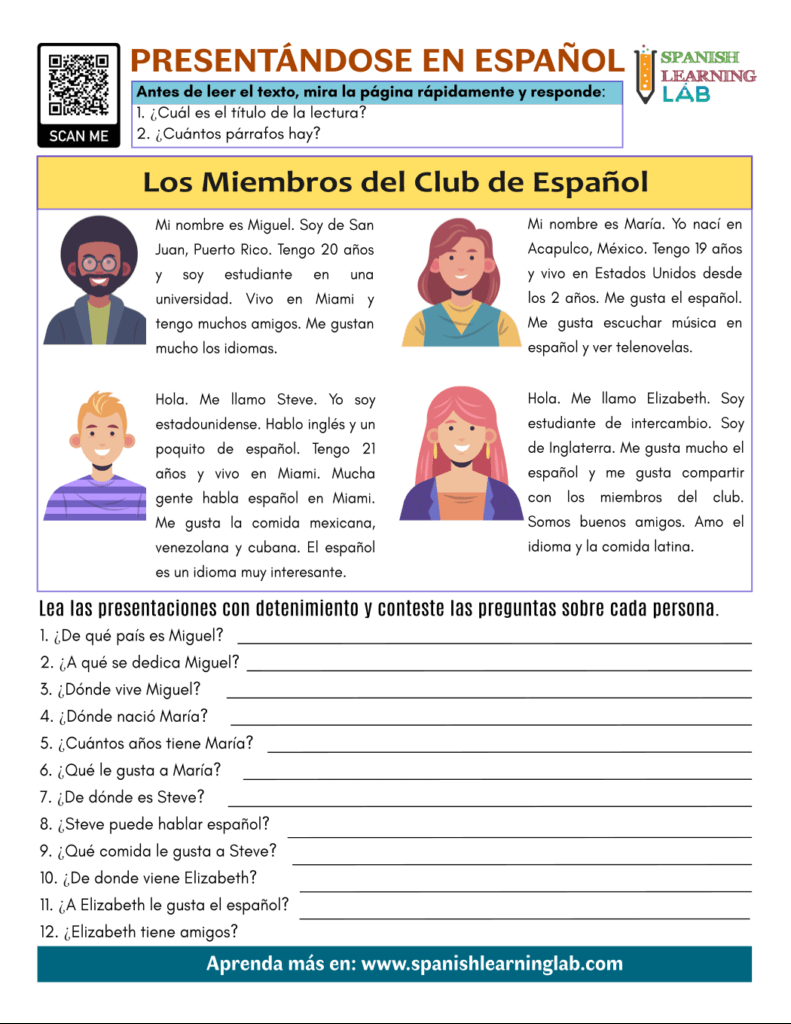 Meeting People In Spanish - Pdf Worksheet - Spanish Learning Lab for Free Printable Spanish Reading Comprehension Worksheets