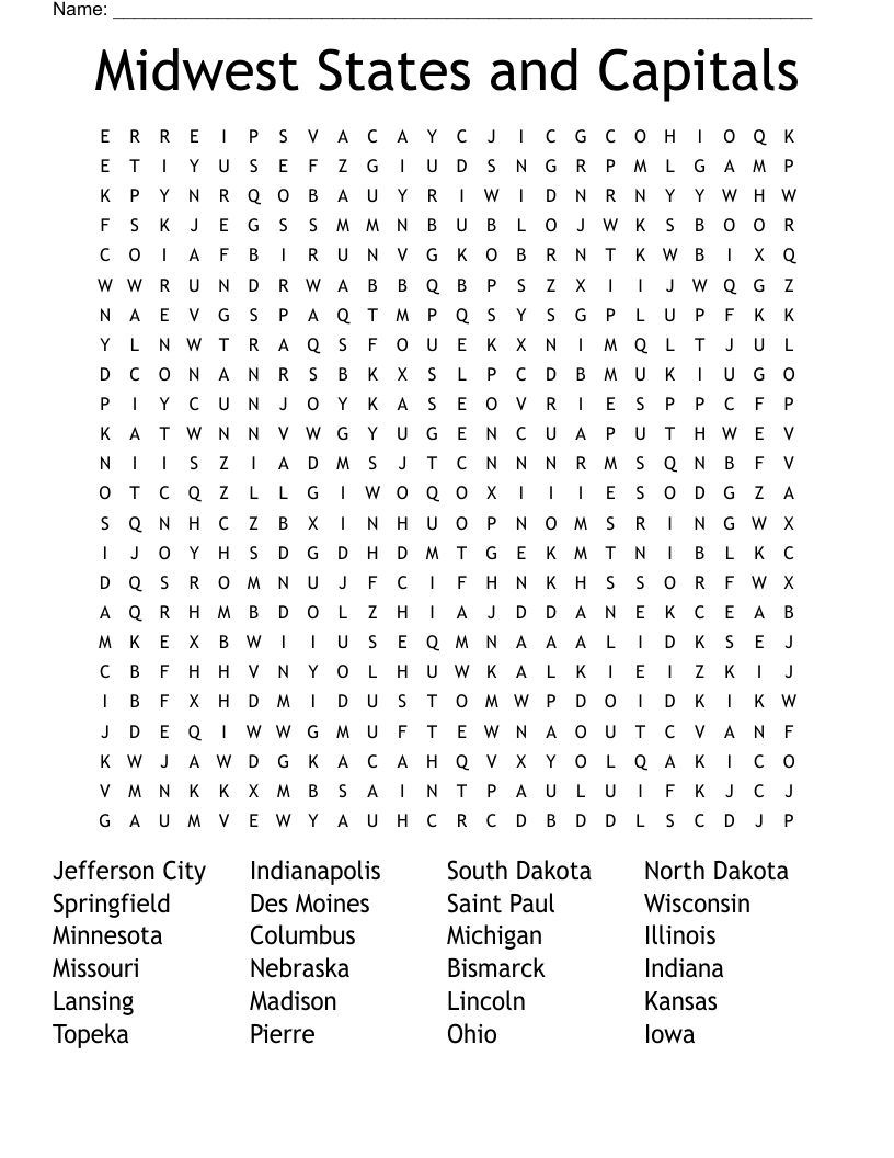 Midwest States And Capitals Word Search - Wordmint with Free Printable Midwest States And Capitals Worksheets