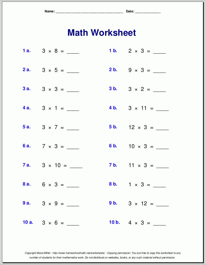 Multiplication Worksheets For Grade 3 inside Free Printable 3rd Grade Worksheets