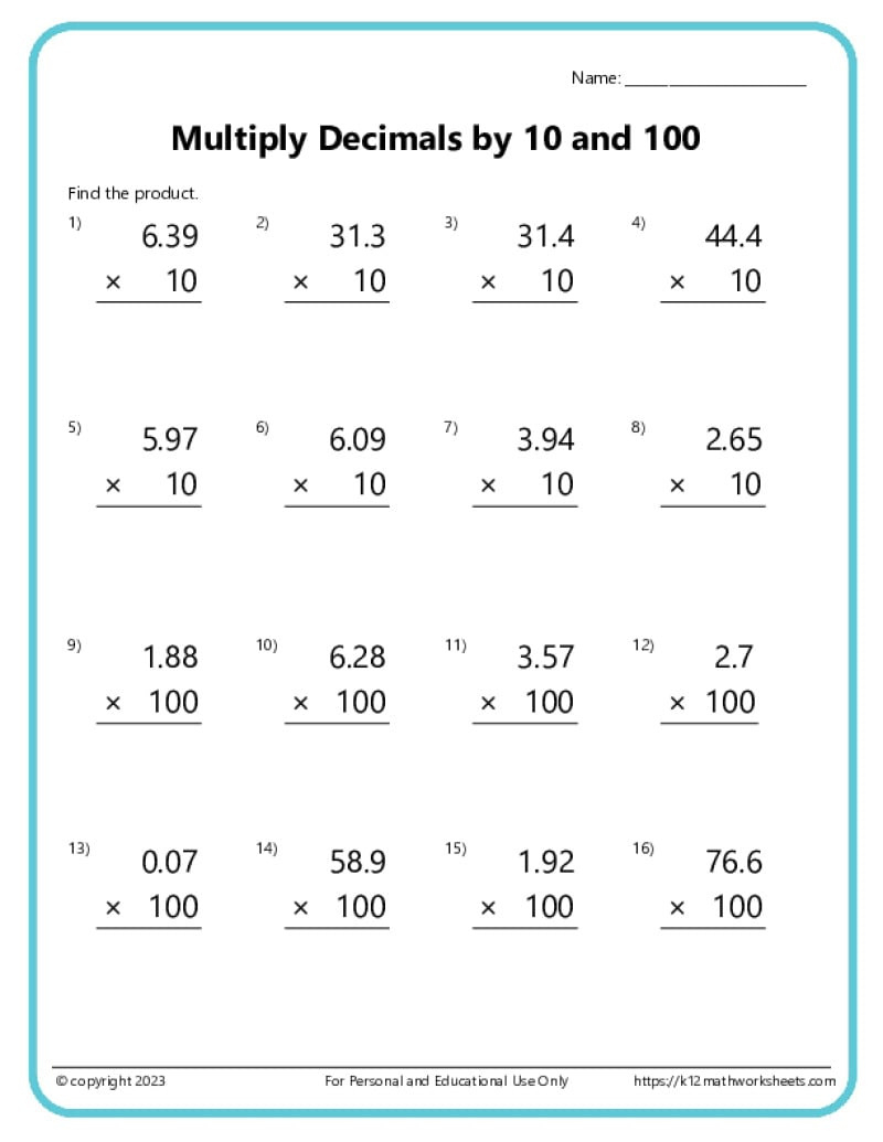 Multiplying Decimals Worksheets throughout Free Printable Decimal Worksheets