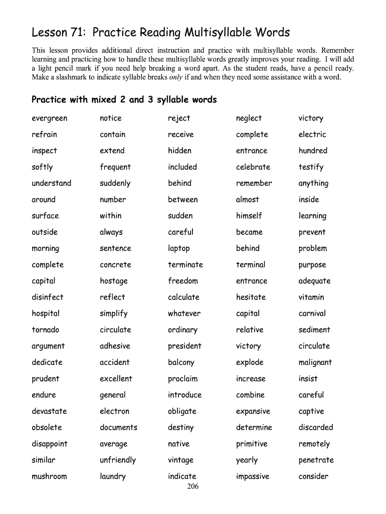 Multisyllabic Word List Pdf - Fill Online, Printable, Fillable for Free Printable Multisyllabic Words Worksheets