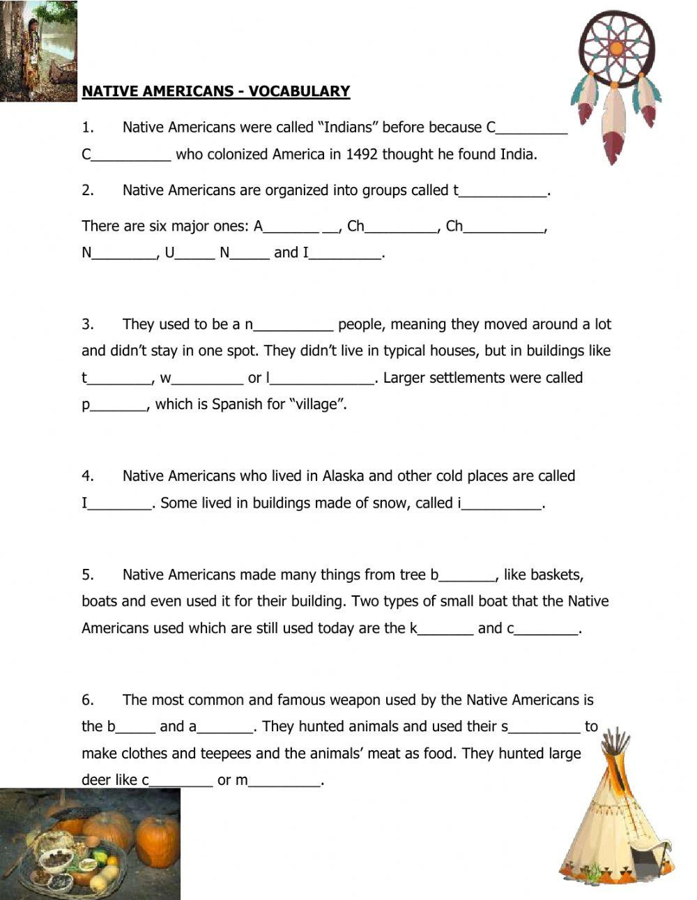 Native Americans - Vocabulary Worksheet | Live Worksheets for Free Printable Native American Worksheets