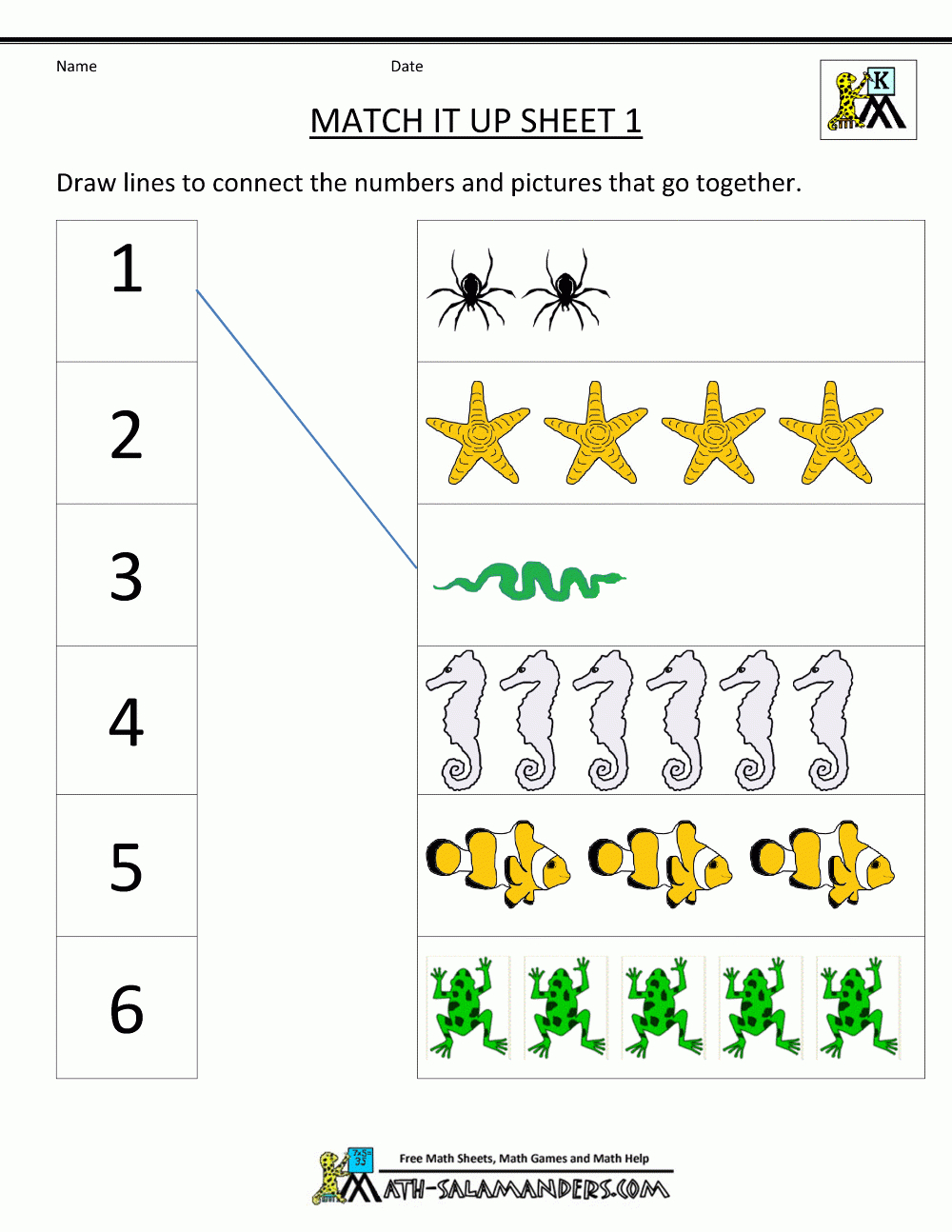 Number Matching Worksheets 1-10 for Printable Kindergarten Math Worksheets Free