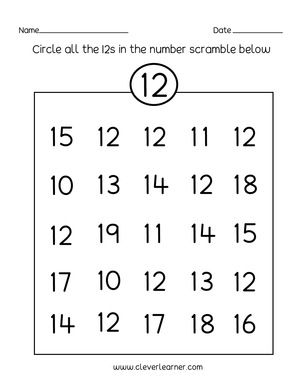 Number Twelve Writing, Counting And Identification Printable for Free Printable Worksheets For K 12