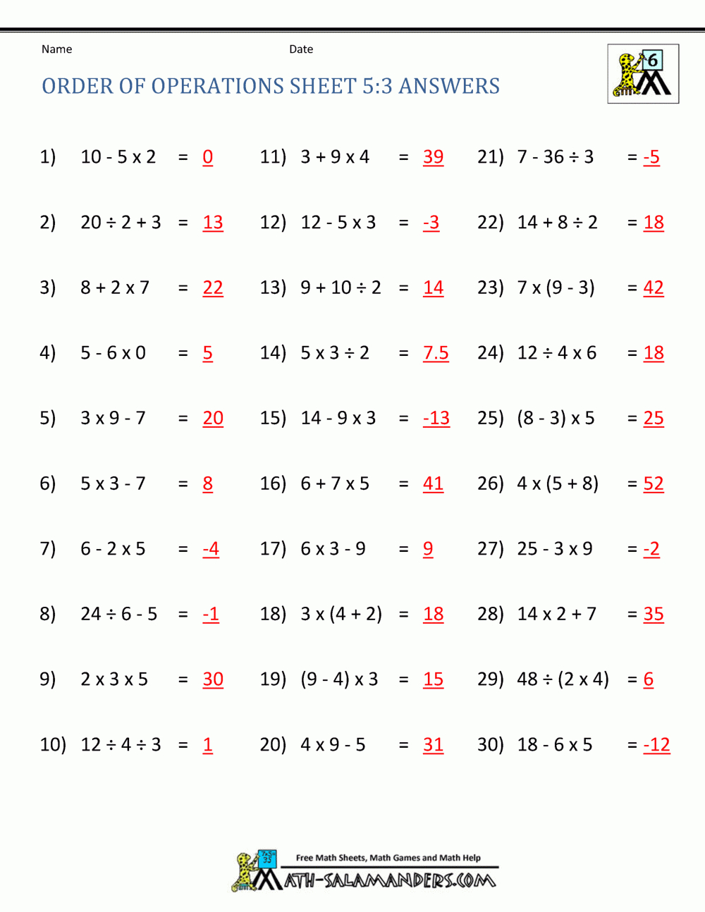 Order Of Operations Sheet 5:3 Answers with regard to Free Printable Pemdas Worksheets