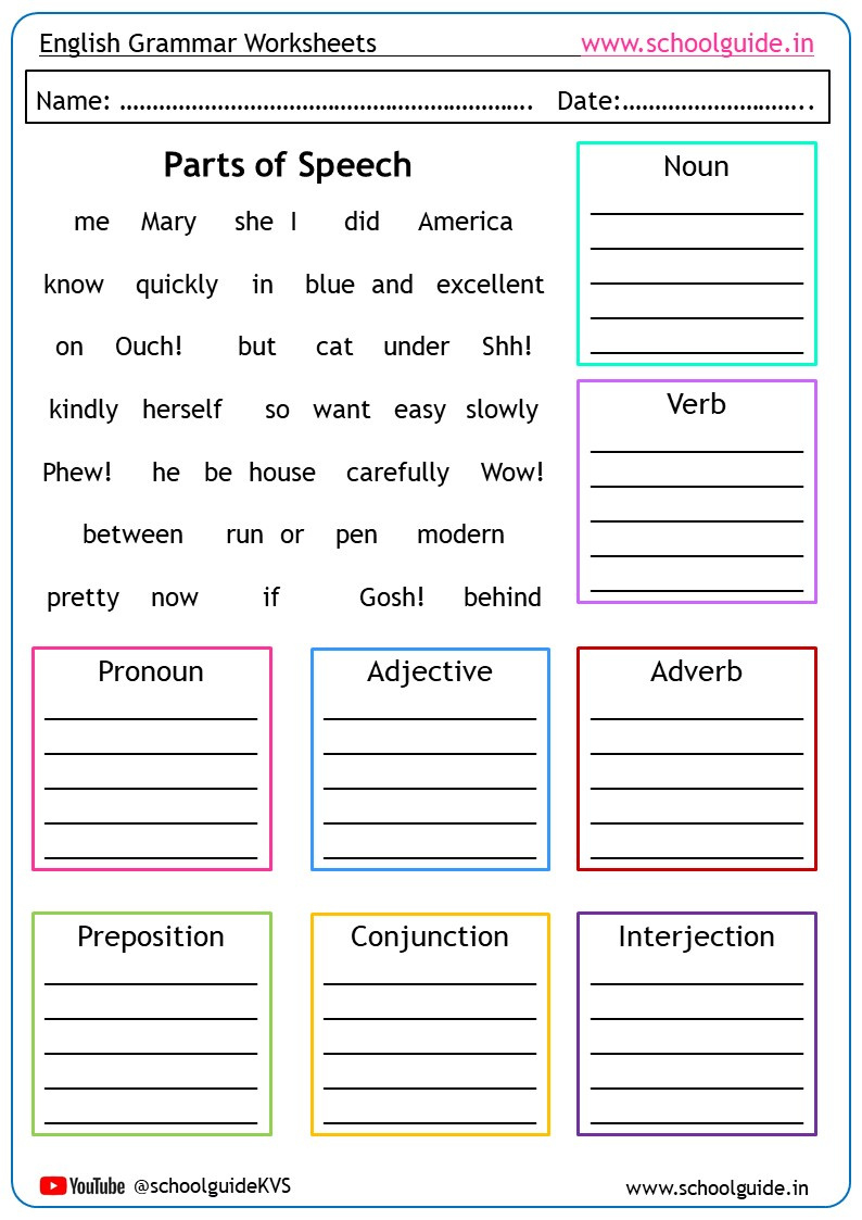 Parts Of Speech Worksheets regarding Free Printable Grammar Worksheets