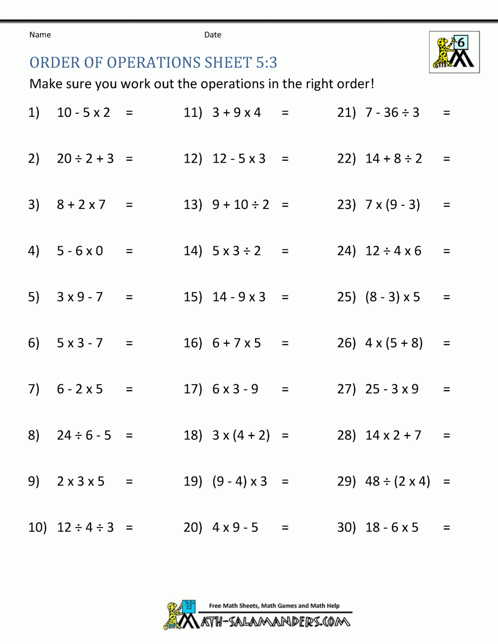 Pemdas Problems intended for Free Printable Order Of Operations Worksheets