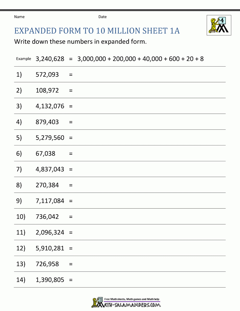 Place Value Worksheet - Up To 10 Million throughout Free Printable Place Value Worksheets