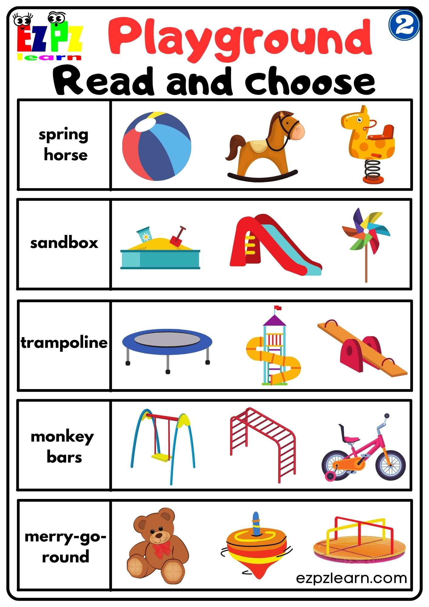 Playground Vocabulary 2 Read And Choose Worksheet For Kindergarten regarding Free Esl Worksheets Printable