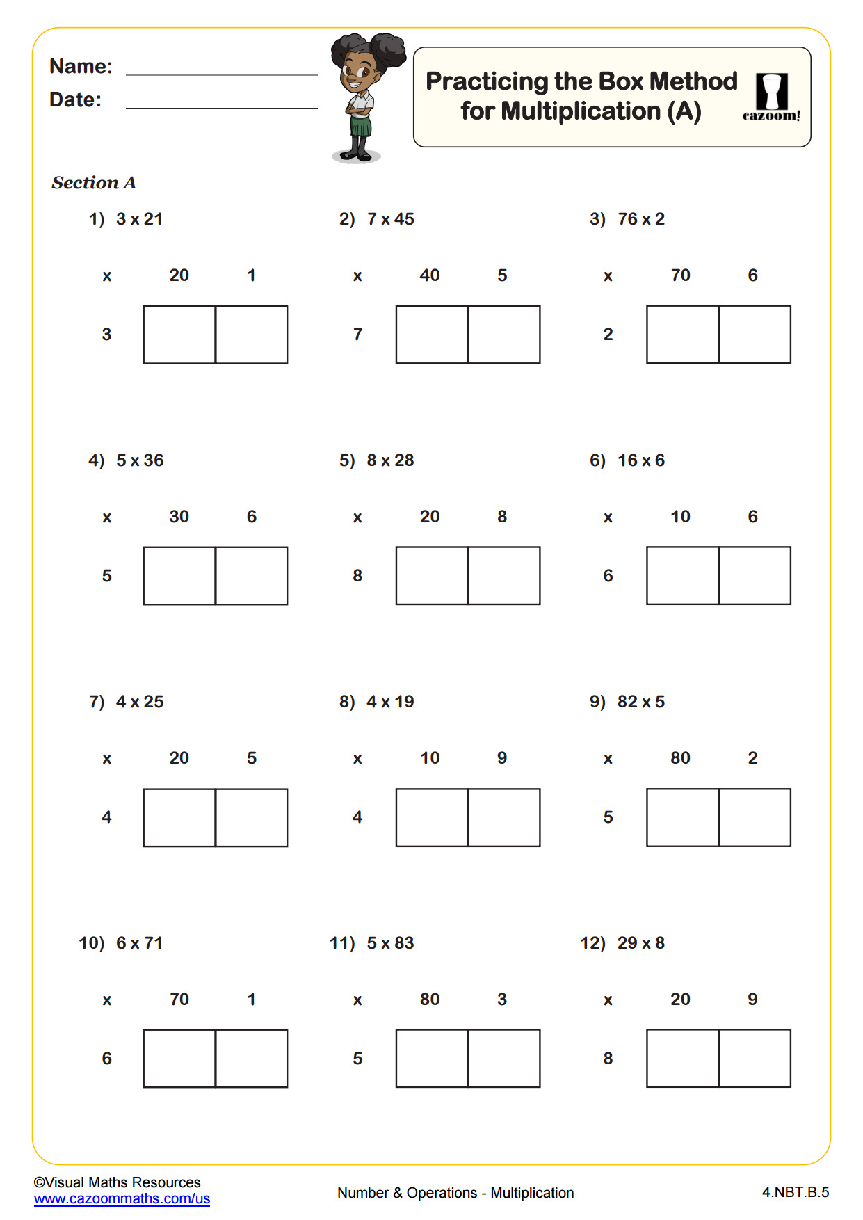 Practicing The Box Method For Multiplication (B) | Pdf Printable regarding Free Printable Area Model Multiplication Worksheets