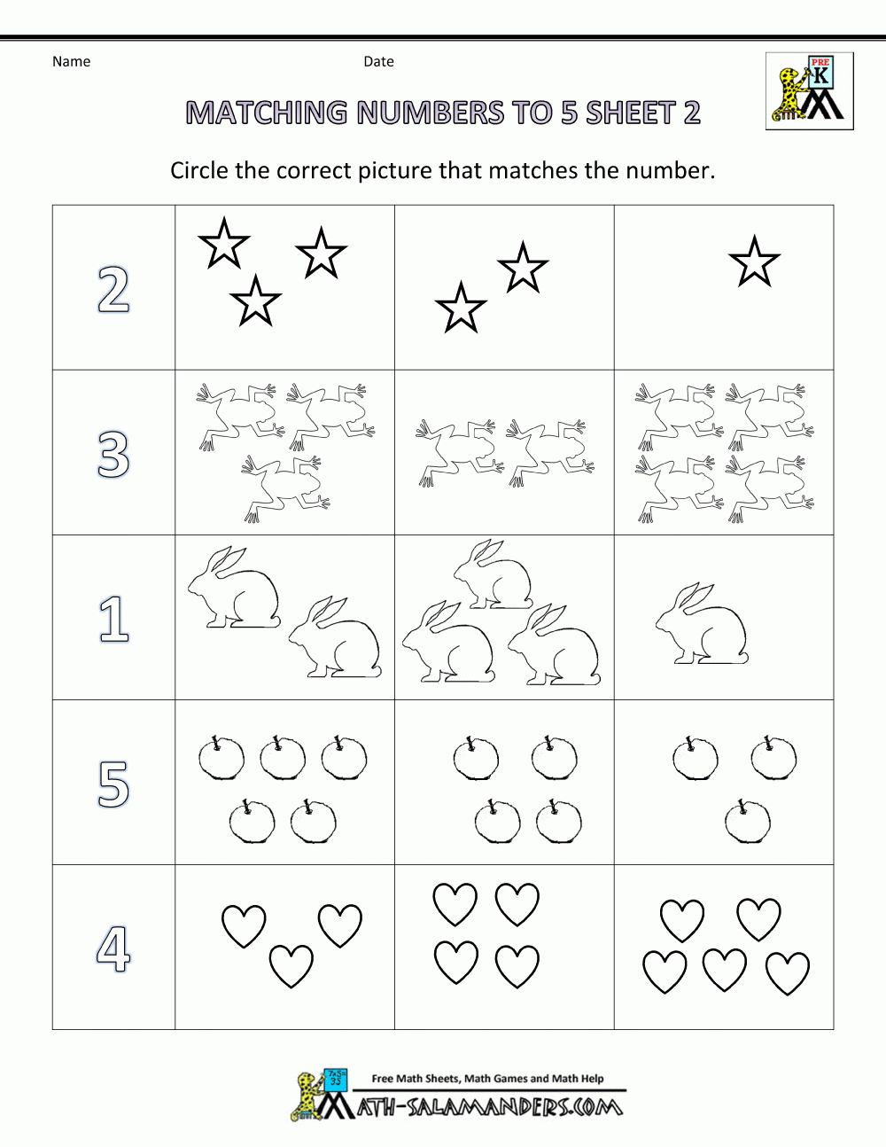Preschool Math Worksheets - Matching To 5 with regard to Free Printable Math Worksheets For Prek