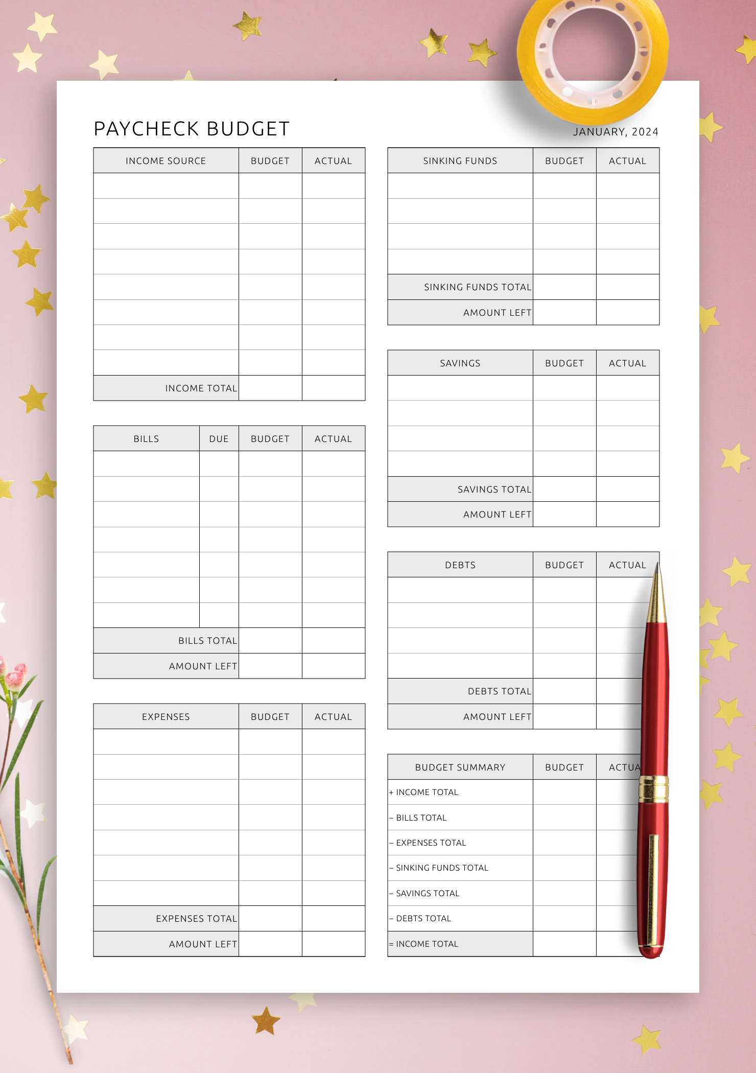 Printable And Digital Paycheck Budget Template - Download Pdf For in Free Printable Paycheck Budget Worksheets