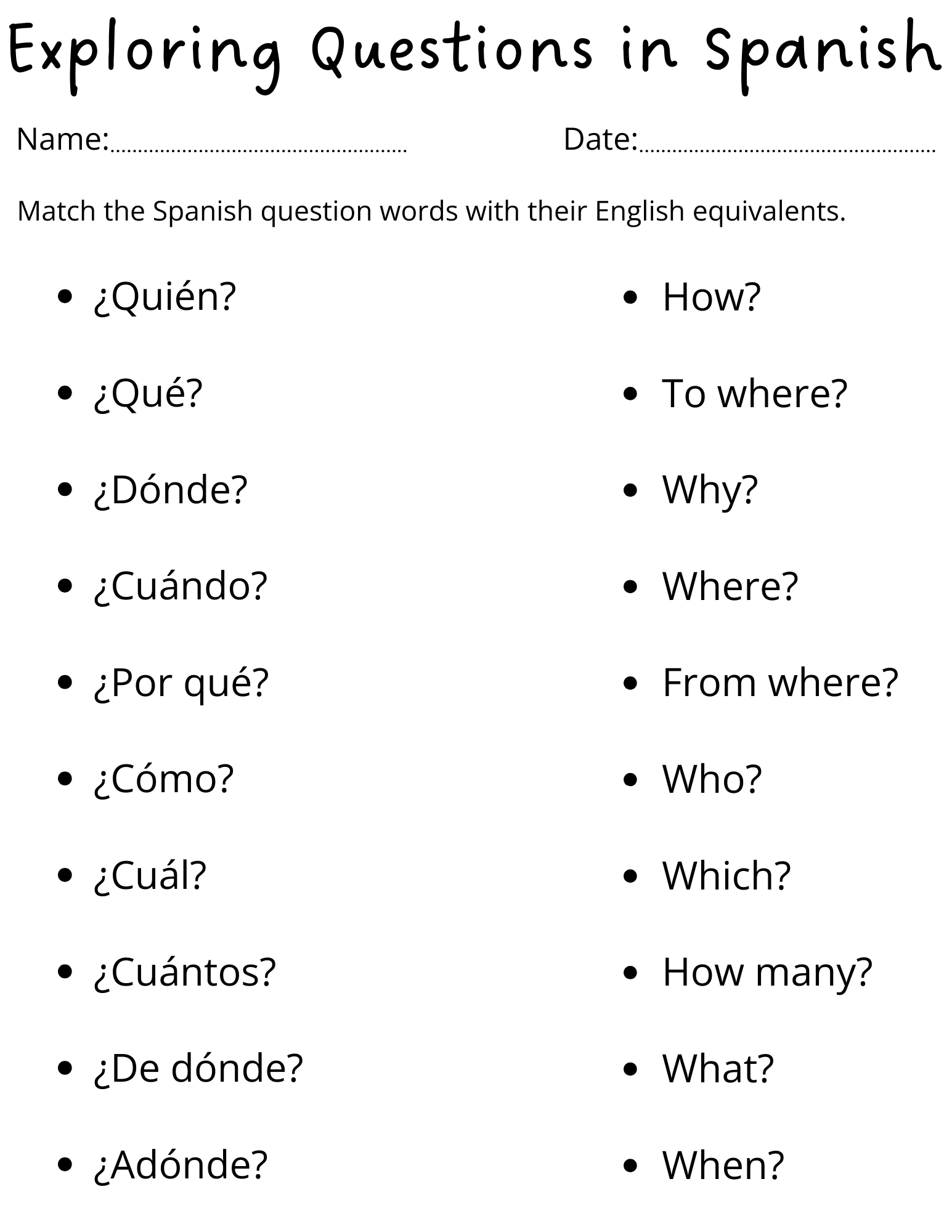 Printable Spanish Question Words Worksheet For Kids | Teaching pertaining to Free Spanish Worksheets Printable