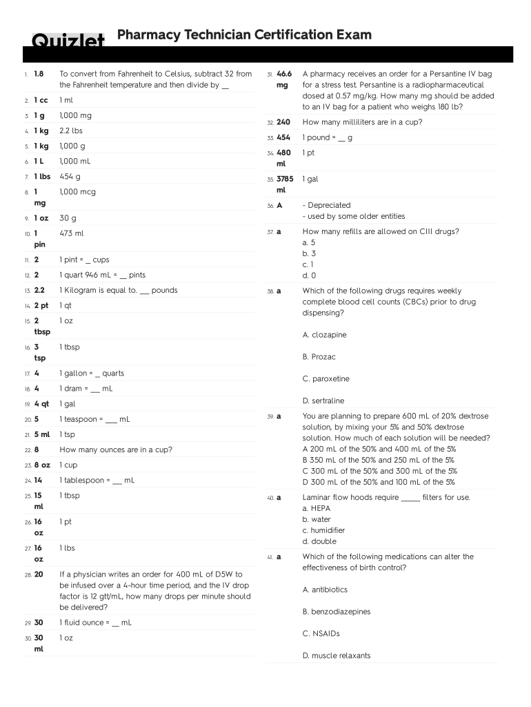 Ptcb Practice Test And Answers Pdf - Fill Online, Printable with Free Printable Pharmacy Technician Worksheets