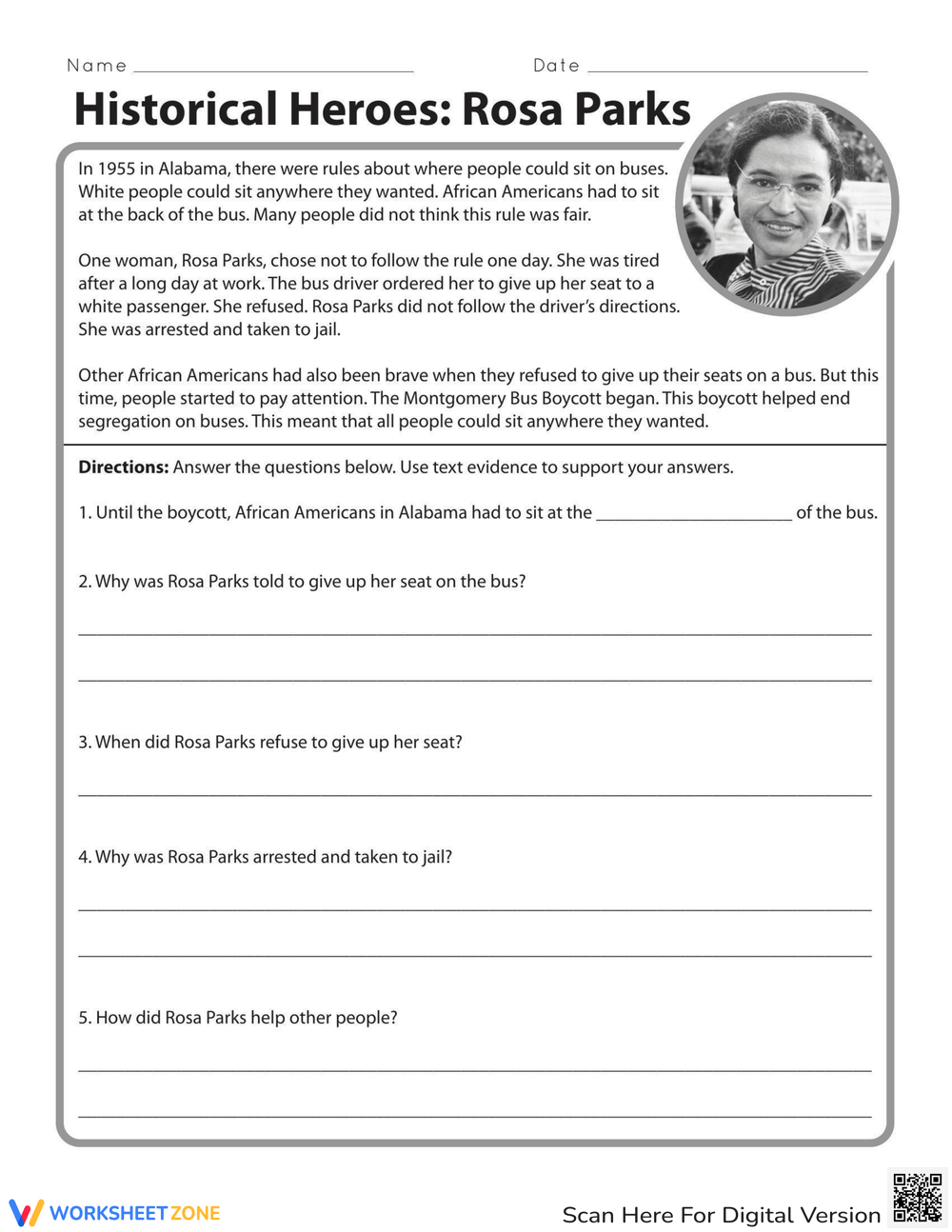 Rosa Parks: Civil Rights Hero Worksheet within Free Printable Rosa Parks Worksheets