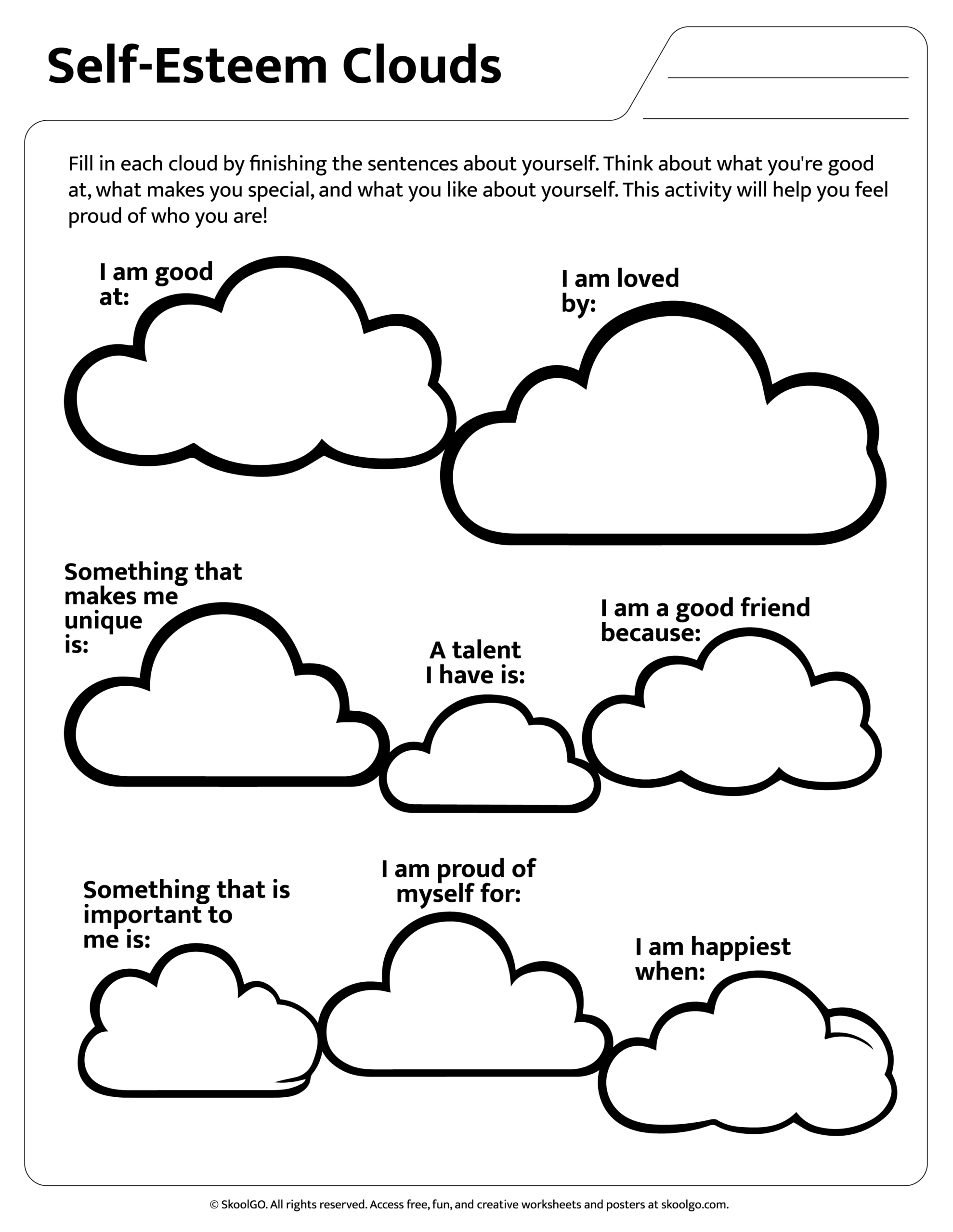 Self-Esteem Clouds: Free Printable For Grades 1–3 - Skoolgo pertaining to Free Printable Self Esteem Worksheets