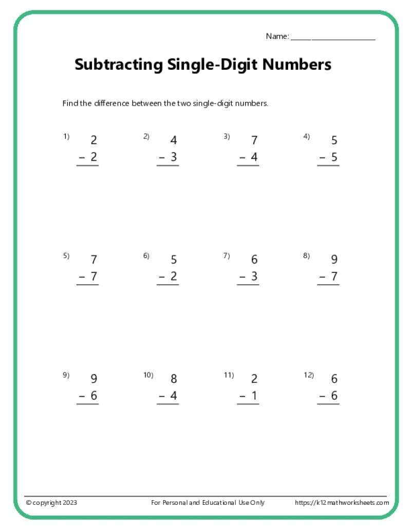 Single Digit Subtraction Worksheets - K12 Math Worksheets within Subtraction Worksheets Free Printable