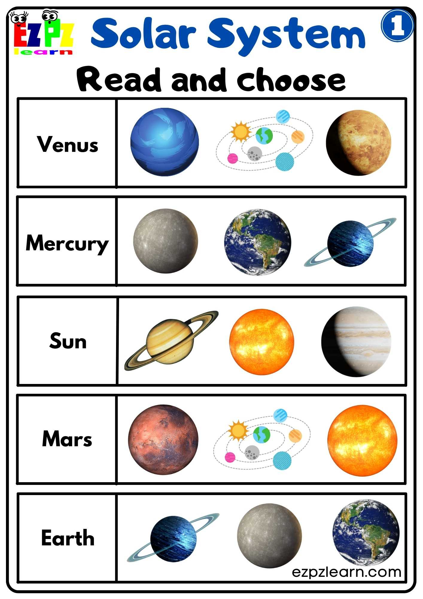 Solar System Read And Choose Worksheet 1 For Kids - Ezpzlearn inside Free Printable Solar System Worksheets