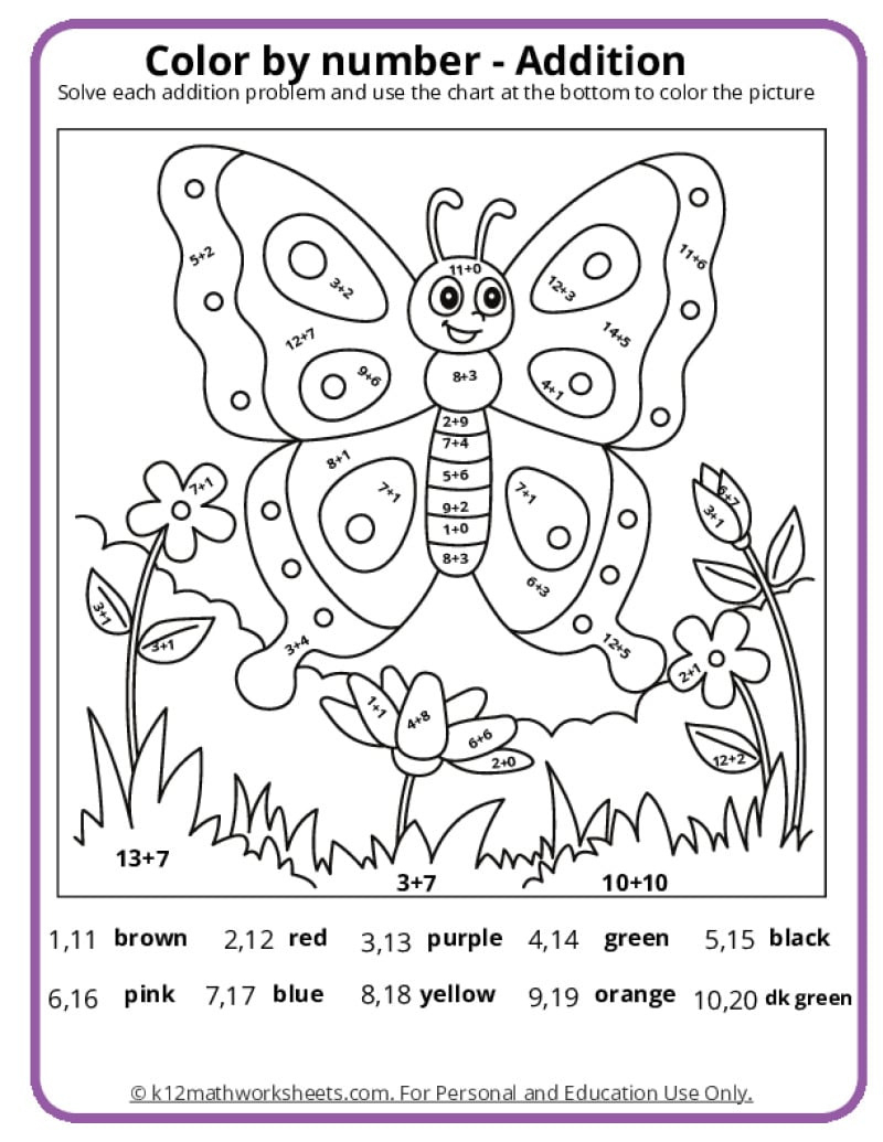 Spring Colornumber Pages - K12 Math Worksheets in Free Printable Color By Number Worksheets
