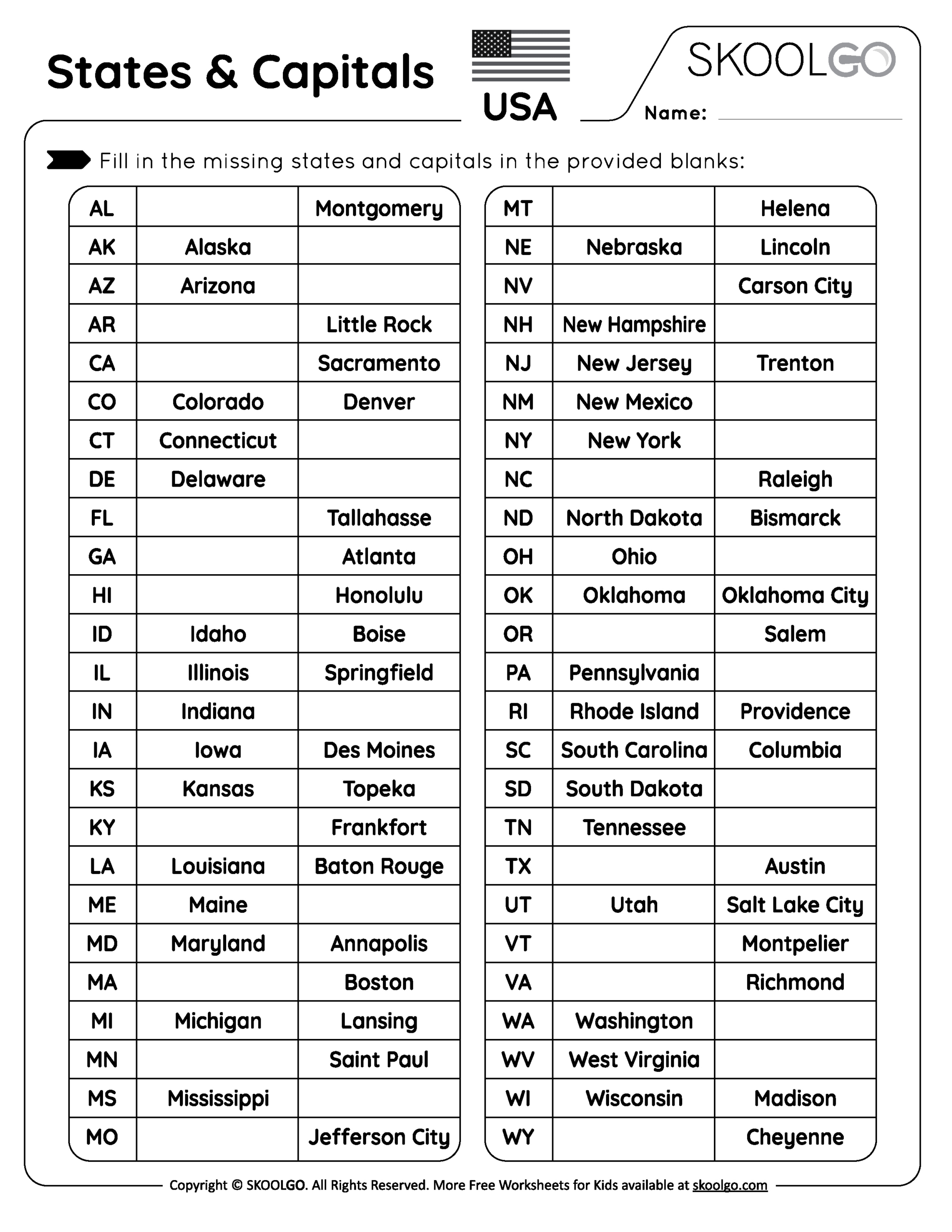 States And Capitals - Free Worksheet For Kids - Skoolgo in Free Printable State And Capital Worksheets