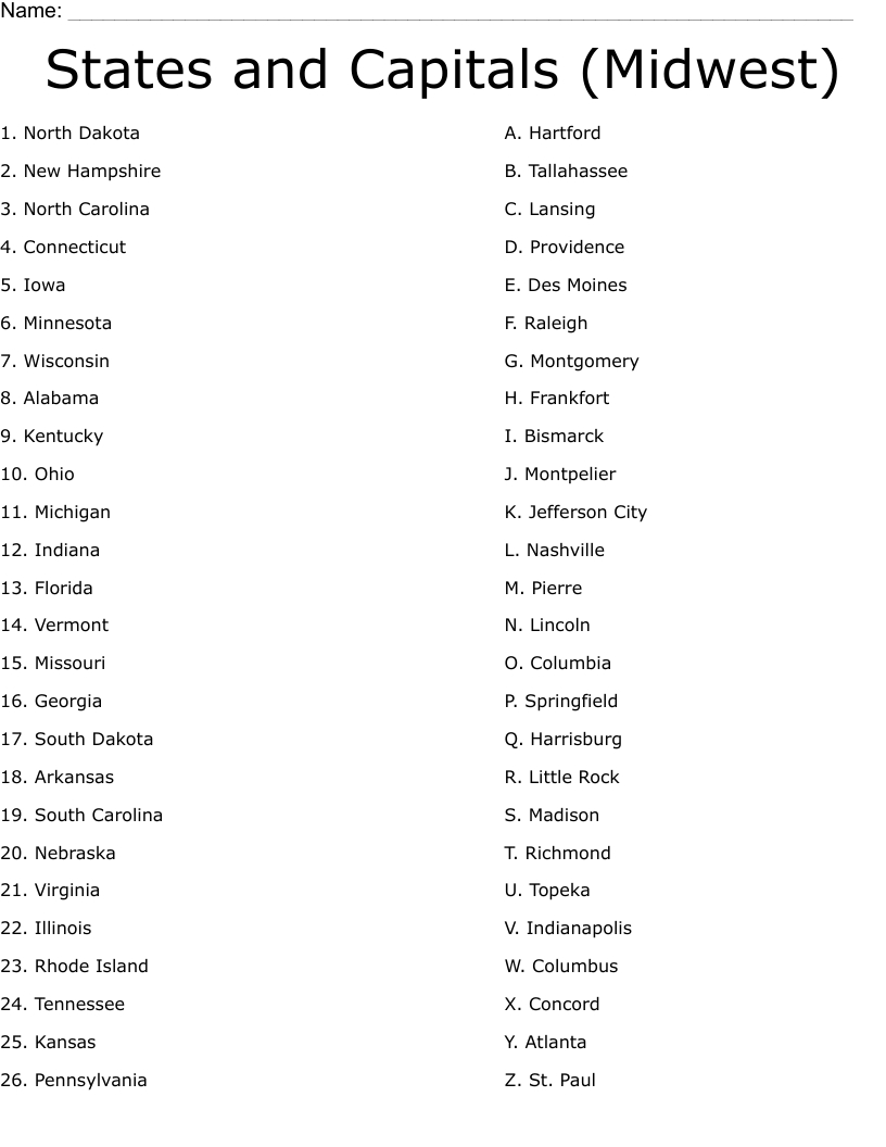 States And Capitals (Midwest) Worksheet - Wordmint within Free Printable Midwest States and Capitals Worksheets
