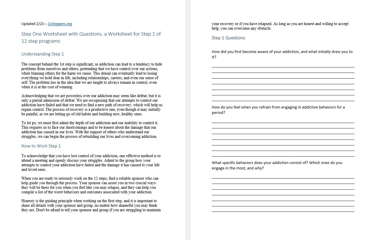 Step 1 Worksheet With Questions [Free Pdf Download &amp;amp; Print] - 12 intended for Free Printable Aa 12 Step Worksheets