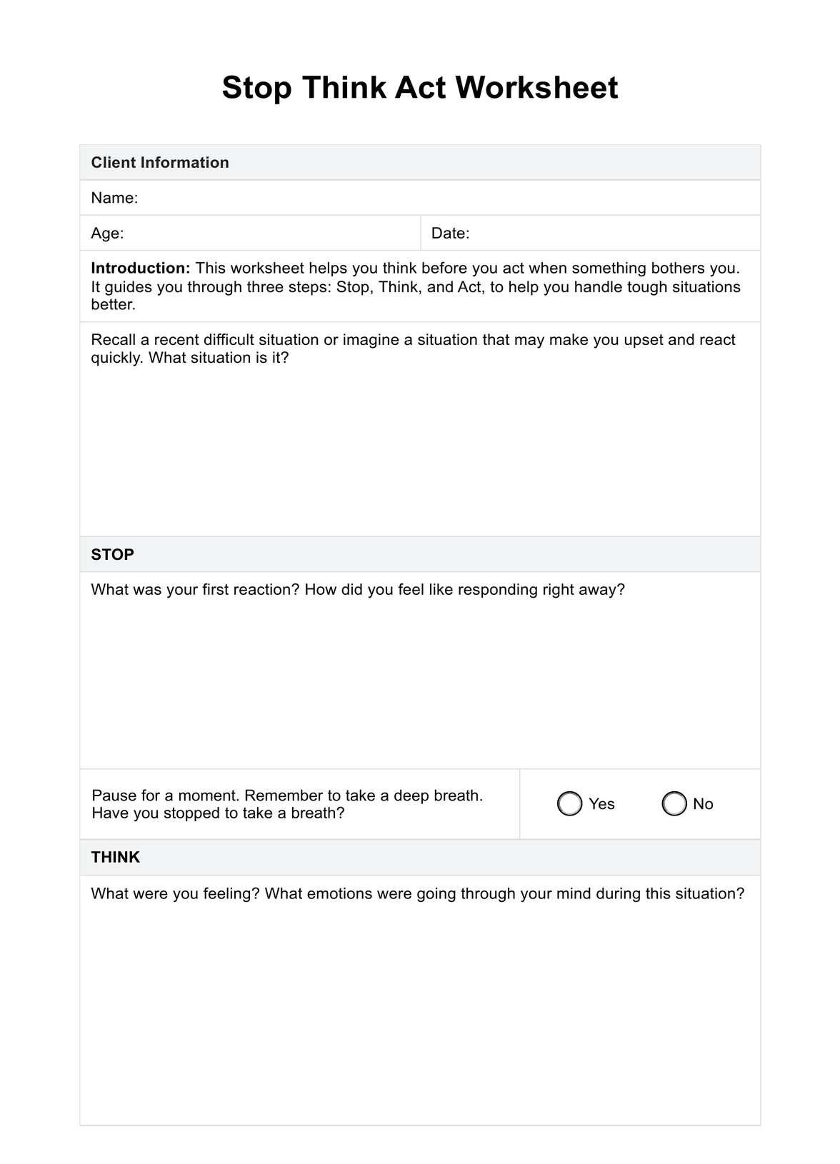 Stop Think Act Worksheet pertaining to Free Printable Stop Think Act Worksheets