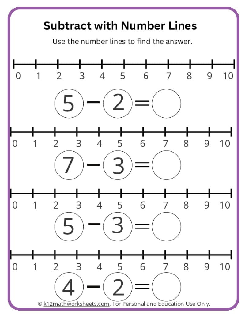 Subtract With Number Lines - K12 Math Worksheets throughout Worksheets For Kids Free Printable For K-12