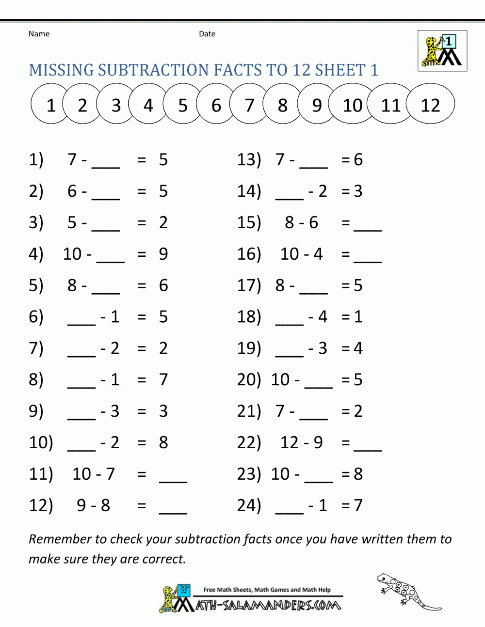 Subtraction Facts Worksheets 1St Grade inside Free Printable Subtraction Worksheets For Grade 1