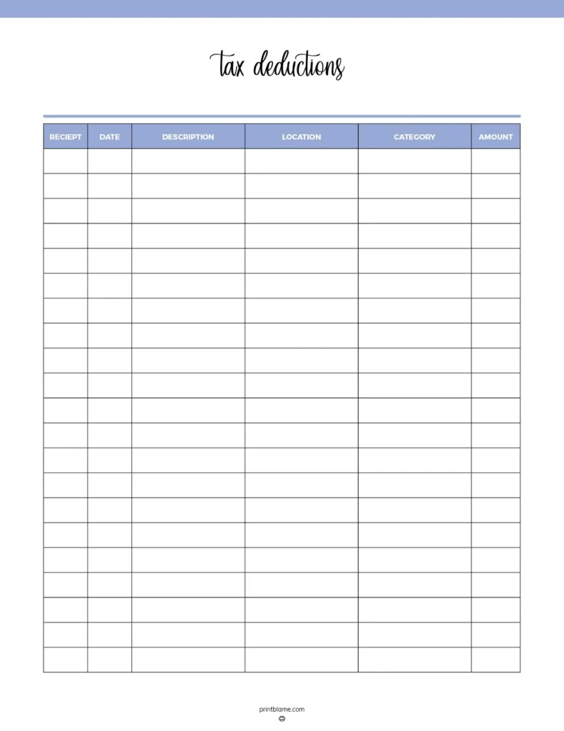 Tax Deduction Tracker Printables - 18 Free Tax Write Off Logs intended for Free Printable Tax Deduction Worksheets