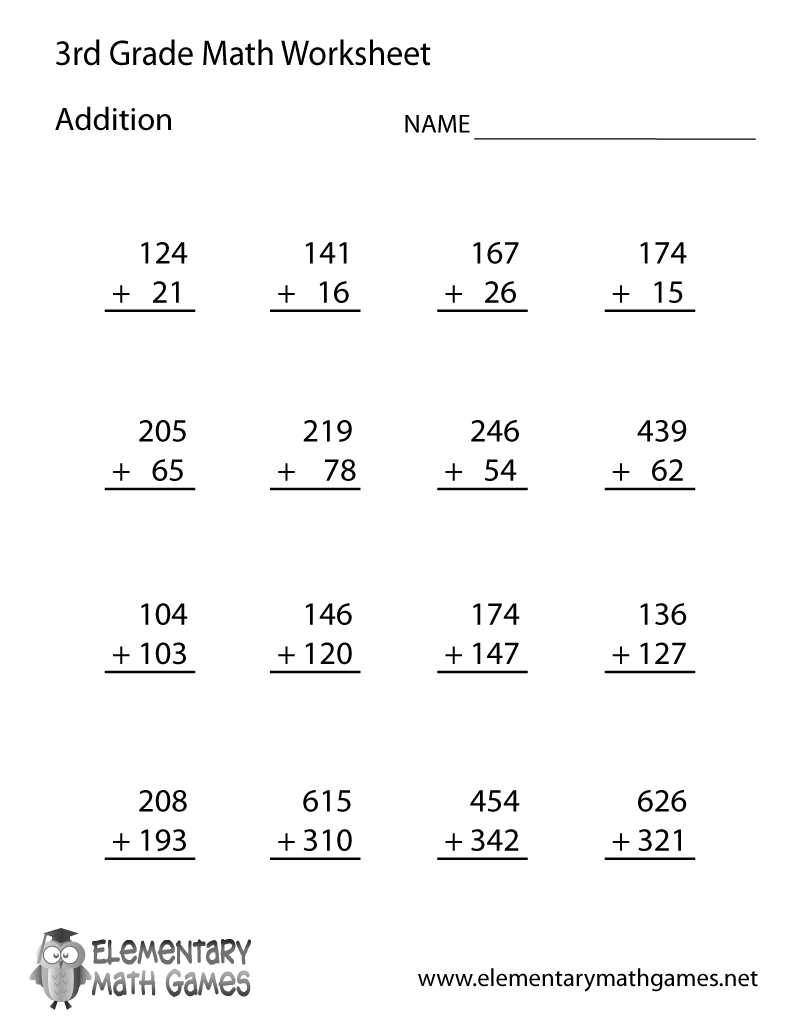 Third Grade Addition Worksheet intended for Free Printable Math Worksheets For 3rd Grade