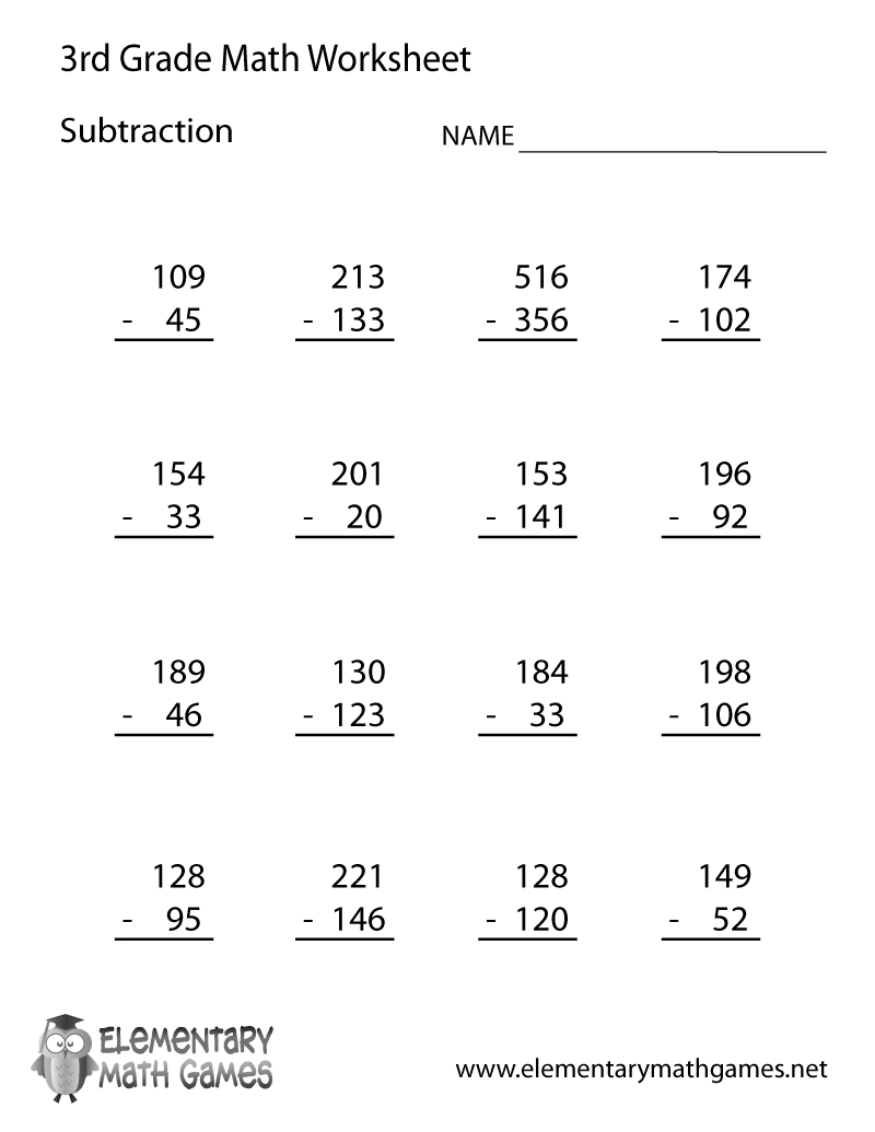 Third Grade Subtraction Worksheet inside 3rd Grade Free Printable Worksheets