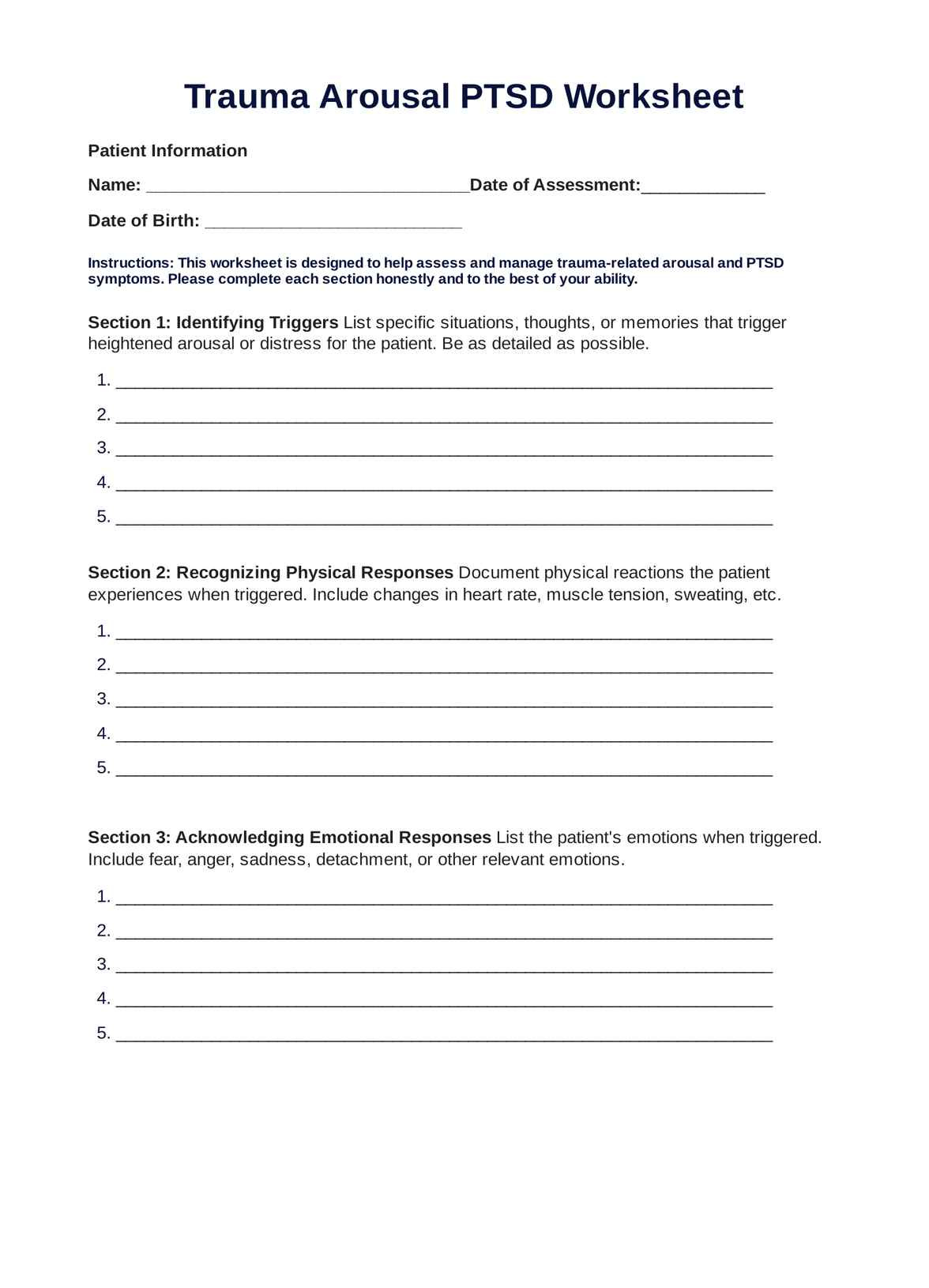 Trauma Arousal Ptsd Worksheet inside Free Printable Ptsd Worksheets