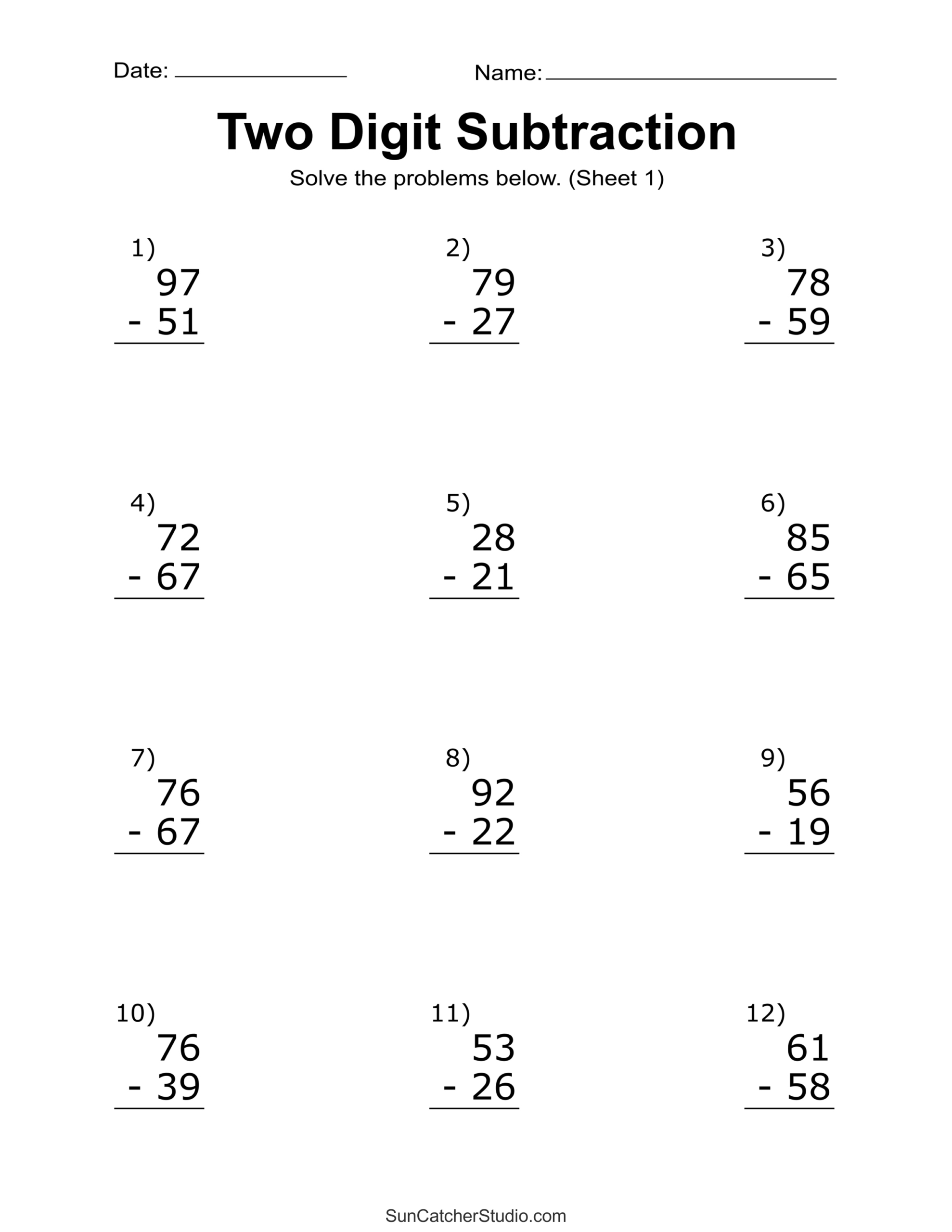 Two-Digit Subtraction Worksheets (Printable Math Drills) – Free within Subtraction Worksheets Free Printable