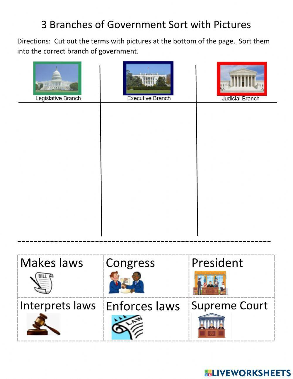 Unit 4B Three Branches Of Government Sort W Pictures Worksheet throughout Free Printable Government Worksheets