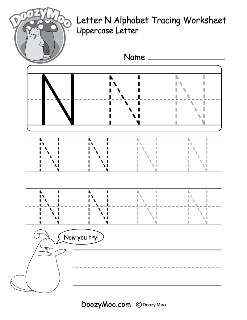 Uppercase Letter N Tracing Worksheet - Doozy Moo pertaining to Free Printable Letter N Tracing Worksheets