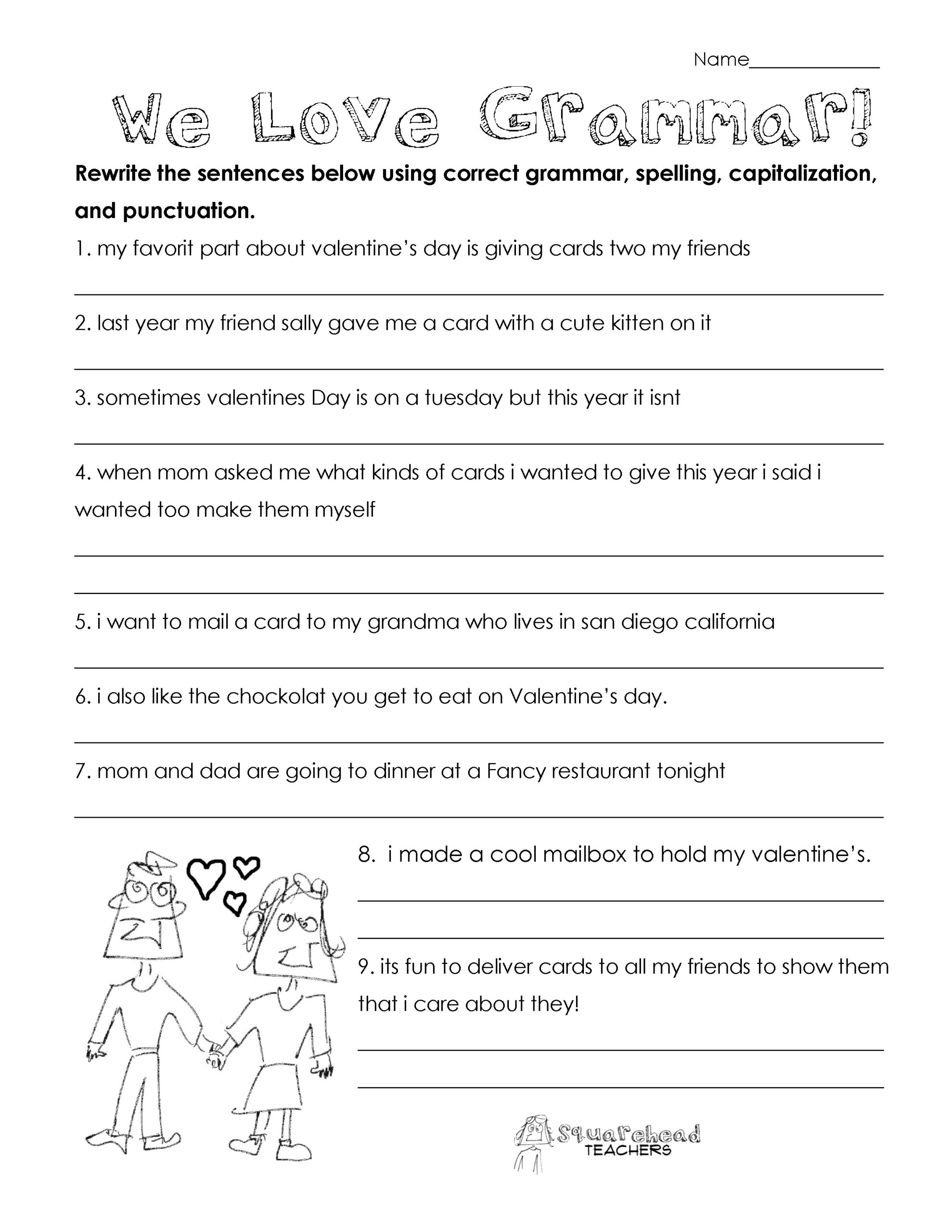 Valentine&amp;#039;S Day Grammar (Free Worksheet For 3Rd Grade And Up inside Free Printable Valentine Day Reading Comprehension Worksheets