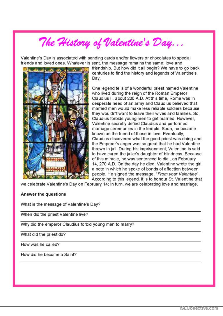 Valentine'S Day - History Reading Fo…: English Esl Worksheets Pdf inside Free Printable Valentine Day Reading Comprehension Worksheets