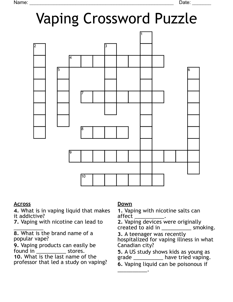 Vaping Crossword Puzzle - Wordmint within Free Printable Vaping Worksheets