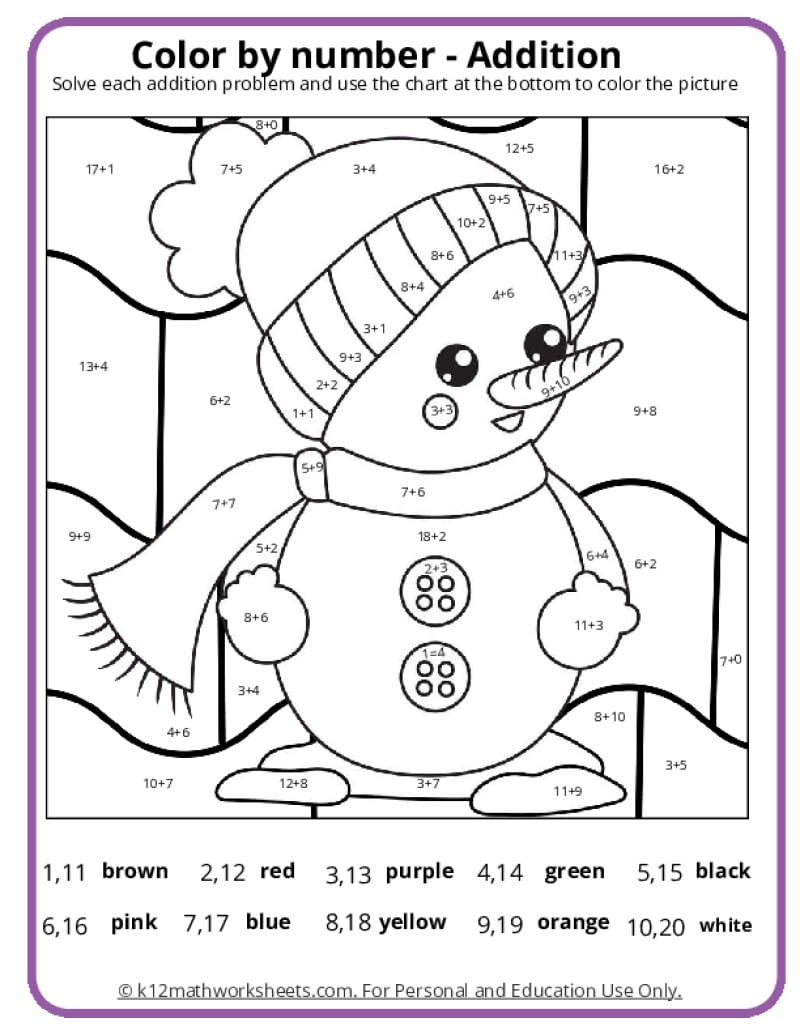 Winter Colornumber Pages - K12 Math Worksheets within K-12 Free Printable Worksheets