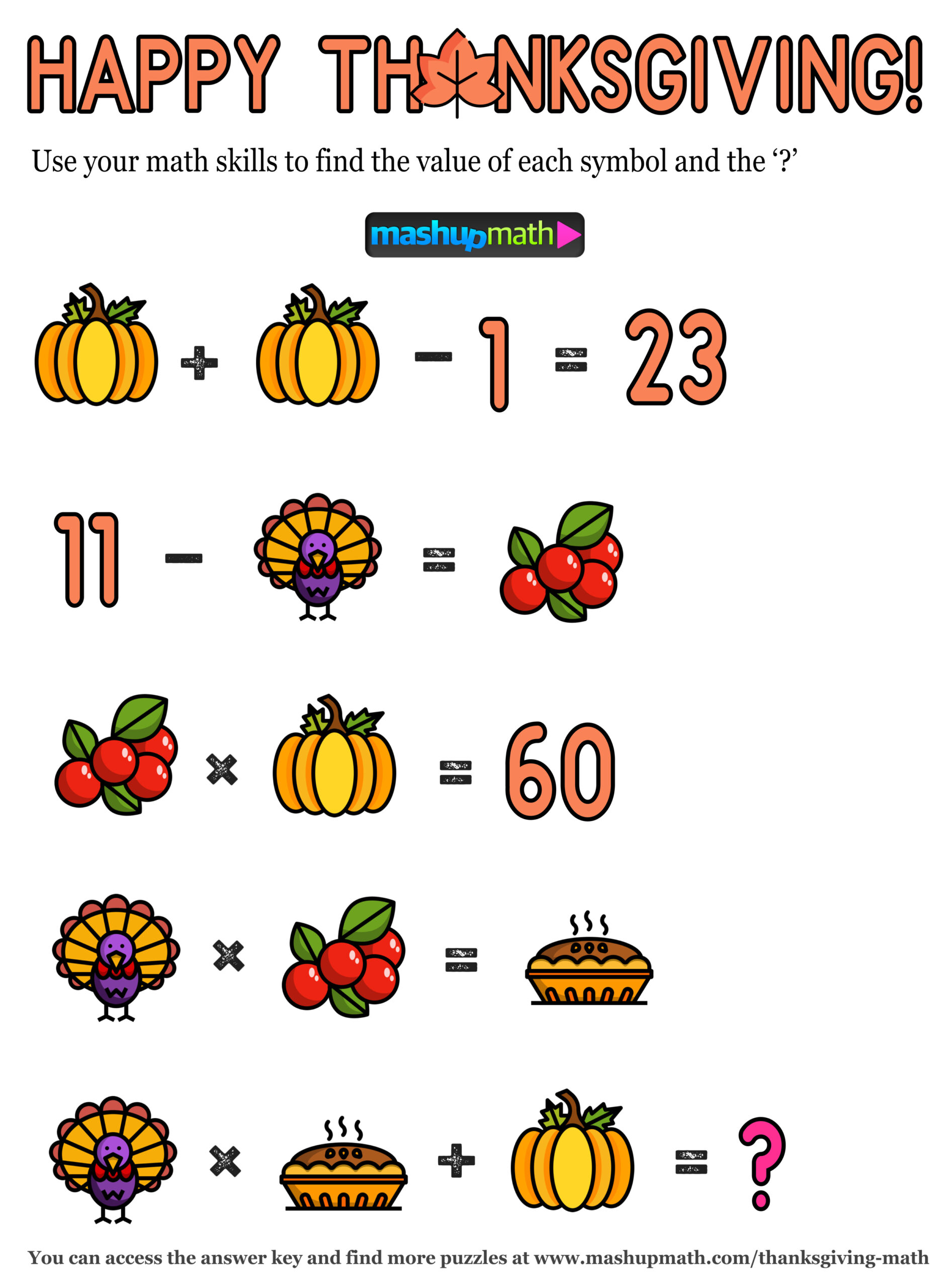 12 Thanksgiving Math Activities For Grades 1-8 — Mashup Math with Thanksgiving Riddles Worksheet