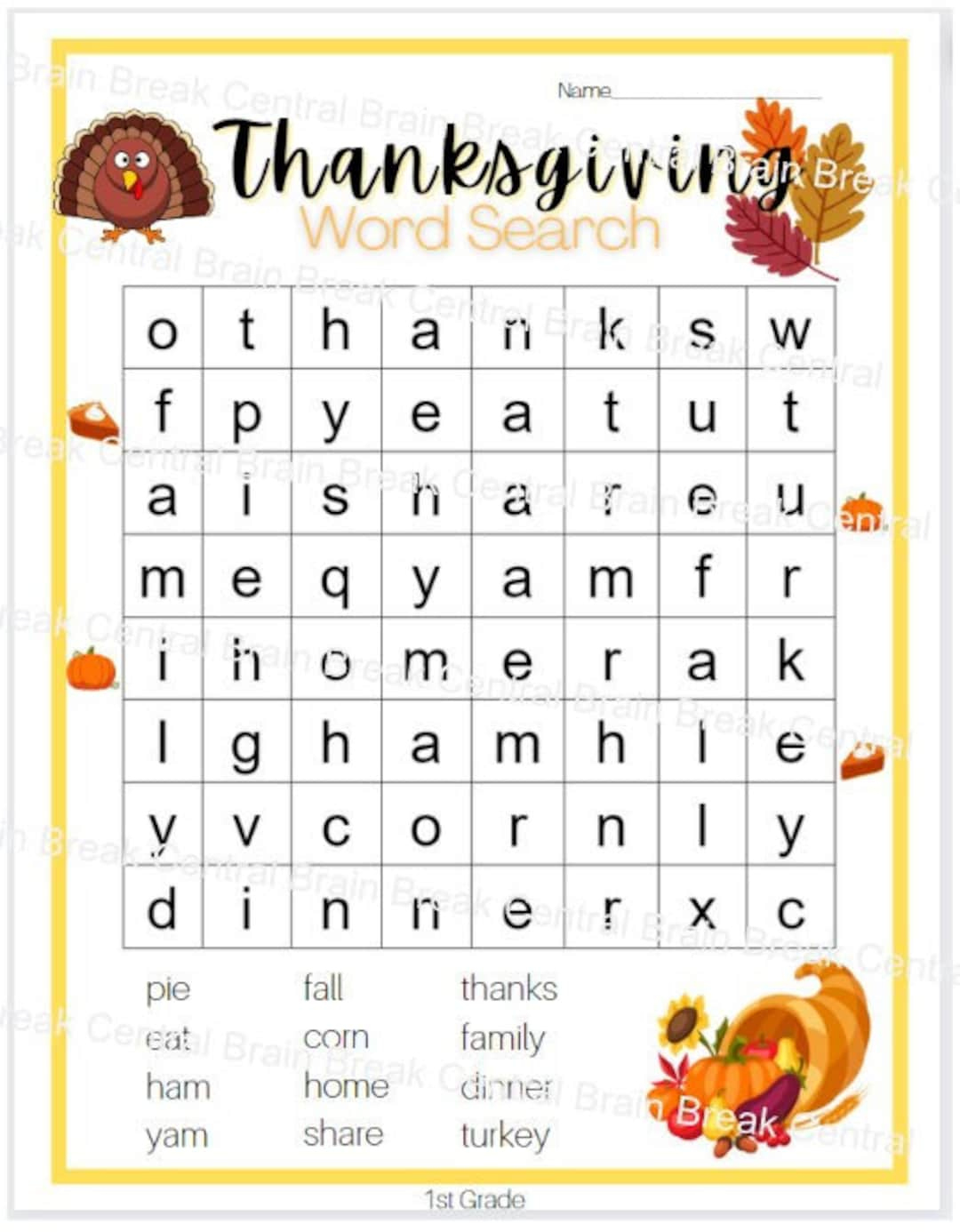1St Grade Thanksgiving Word Search With Answer Key, Printable intended for Thanksgiving Worksheet 1St Grade