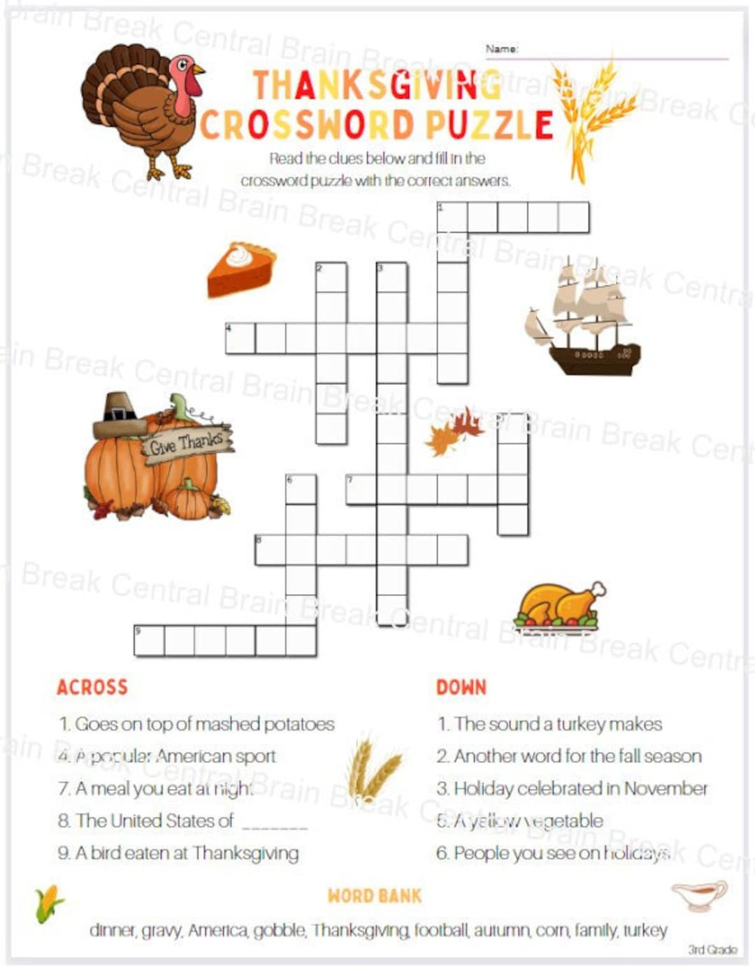 3Rd Grade Thanksgiving Crossword Puzzle With Word Bank And Answer regarding Thanksgiving Worksheets 3rd Grade