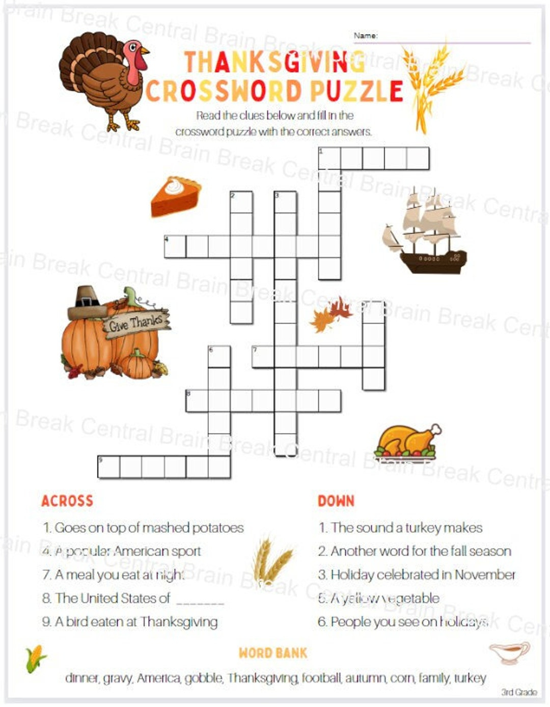 3Rd Grade Thanksgiving Crossword Puzzle With Word Bank And Answer with regard to Thanksgiving Worksheets Grade 3